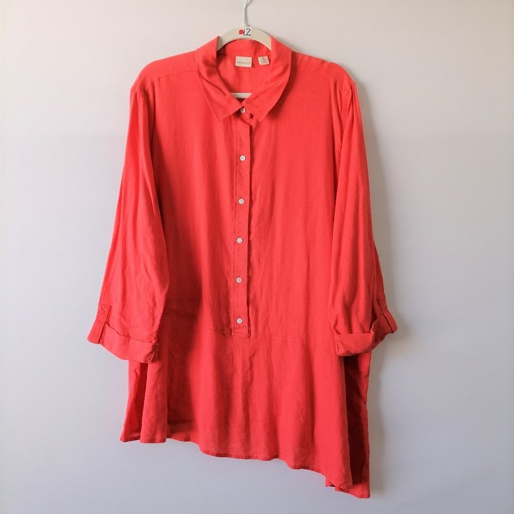 Westbound Womens Coral Red Roll Tab Sleeves Half Button Up Shirt Tunic Top Sz XL